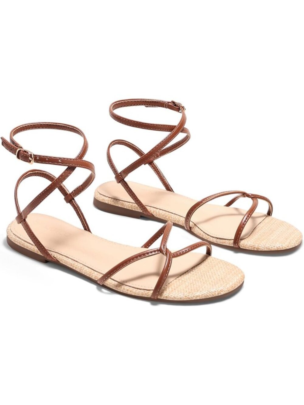 Women's Brown Strappy Flats Open Toe Cross Lace Up Buckle Ankle Strap Sandals